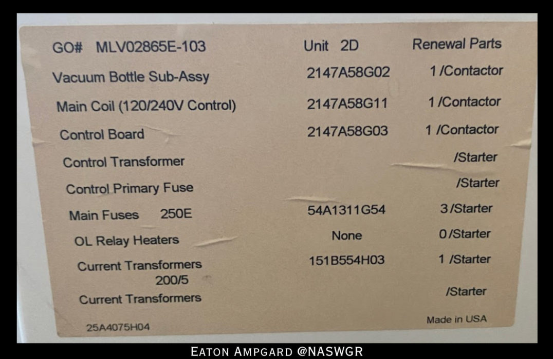 Eaton / Cutler Hammer Ampgard Medium Voltage Control Cell Section- 1150kVA/4160V
