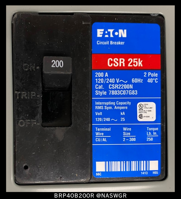 Eaton BRP40B200R BR Load Center Main Breaker Panel - 200A/NEMA 3R - Unused