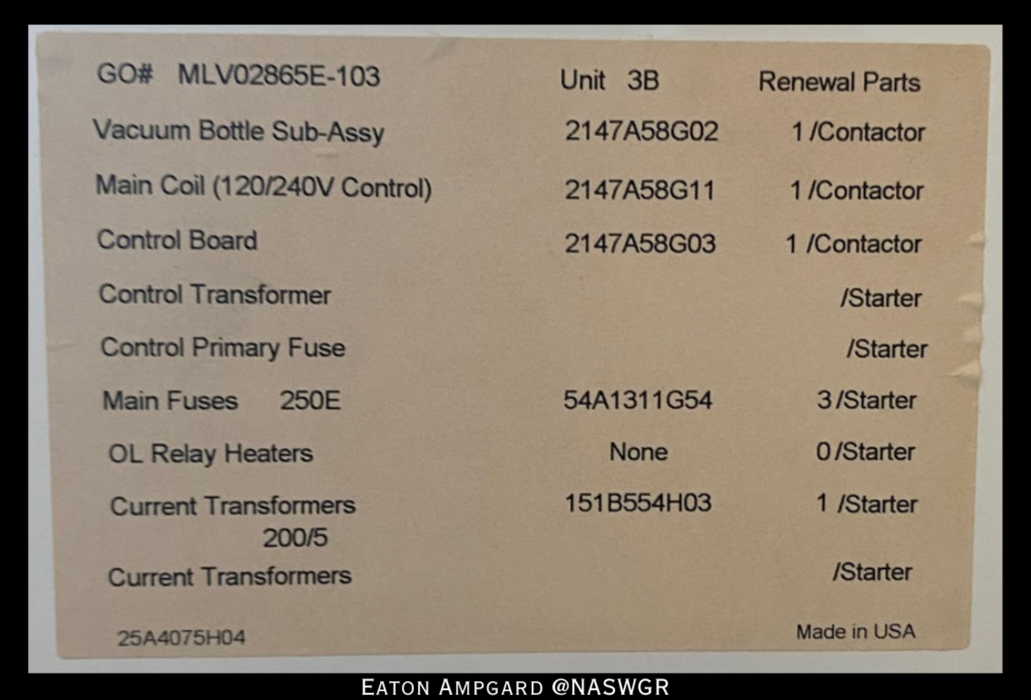 Eaton / Cutler Hammer Ampgard Medium Voltage Control Cell Section- 1150kVA/4160V