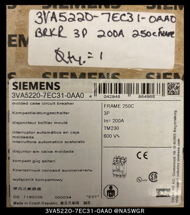 Siemens 3VA5220-7EC31-0AA0 Molded Case Circuit Breaker - 200A - Unused