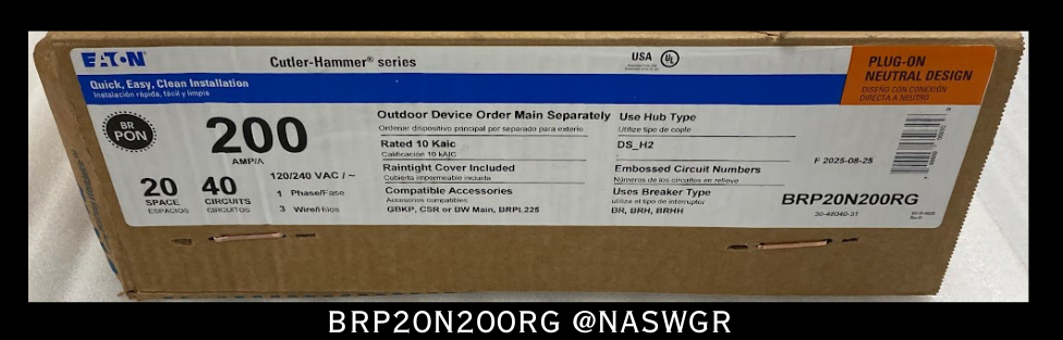 Eaton BRP20N200RG BR Load Center Breaker Panel - 200A/NEMA 3R - Unused