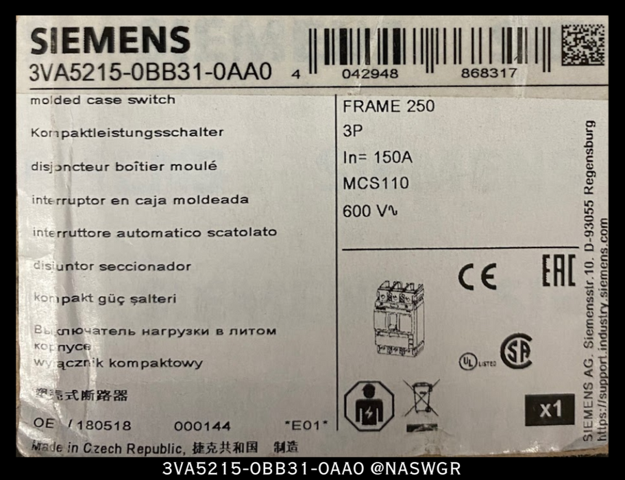 Siemens 3VA5215-0BB31-0AA0 Molded Case Circuit Breaker - 150A - Unused