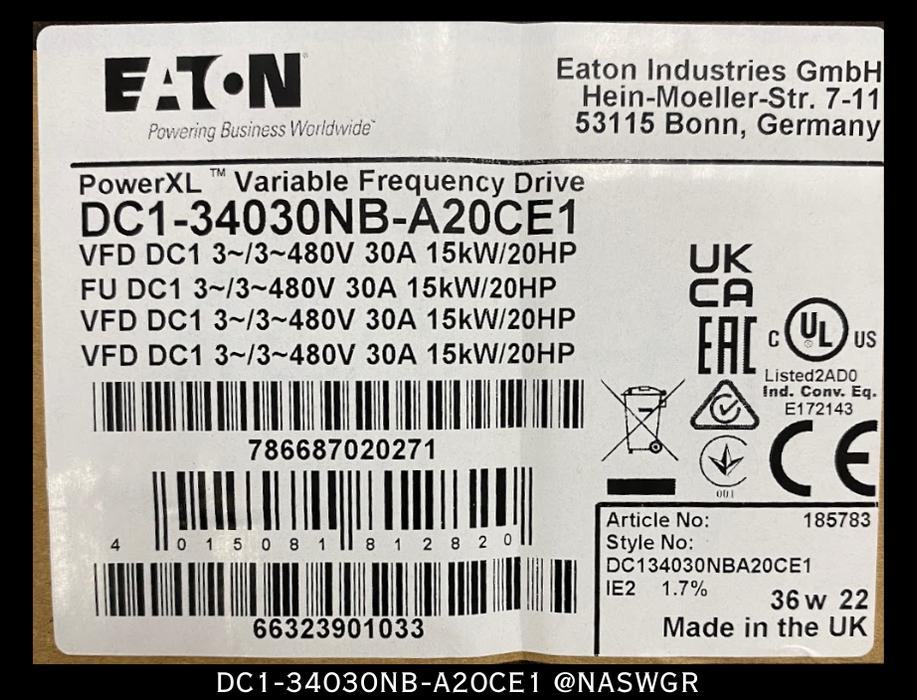 Eaton DC1-34030NB-A20CE1 - DC1 Power XL Variable Frequency Drive ~ Surplus
