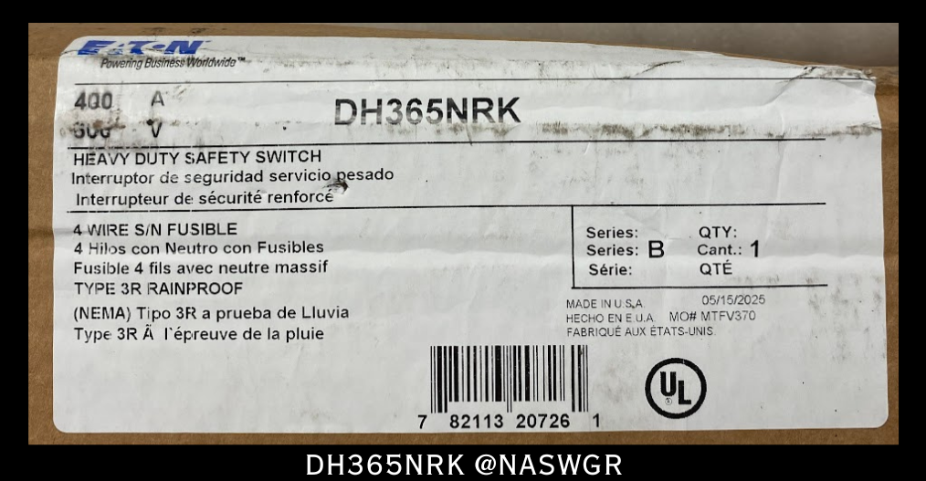 Eaton DH365NRK Heavy Duty Safety Switch - 400A/600V/3P4W/N3R - Unused