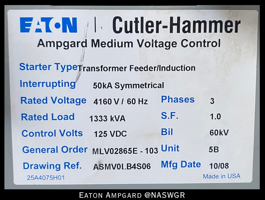 Eaton / Cutler Hammer Ampgard Medium Voltage Control Cell Section- 1333kVA/4160V