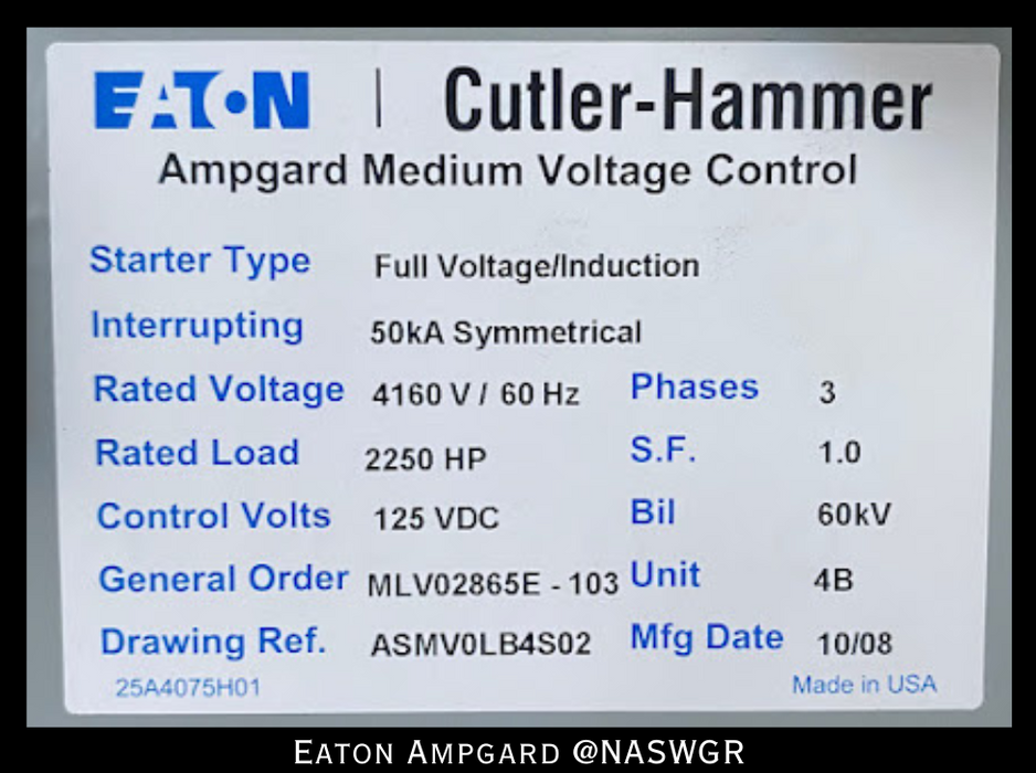 Eaton / Cutler Hammer Ampgard Medium Voltage Control Cell Section- 2250HP/4160V