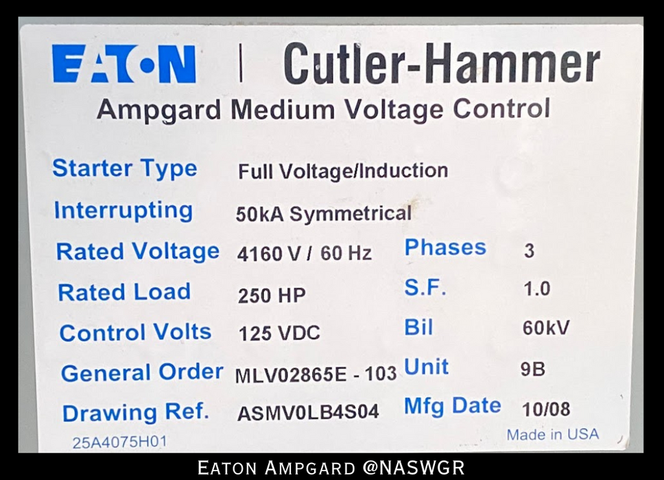 Eaton / Cutler Hammer Ampgard Medium Voltage Control Cell Section- 250HP/4160V