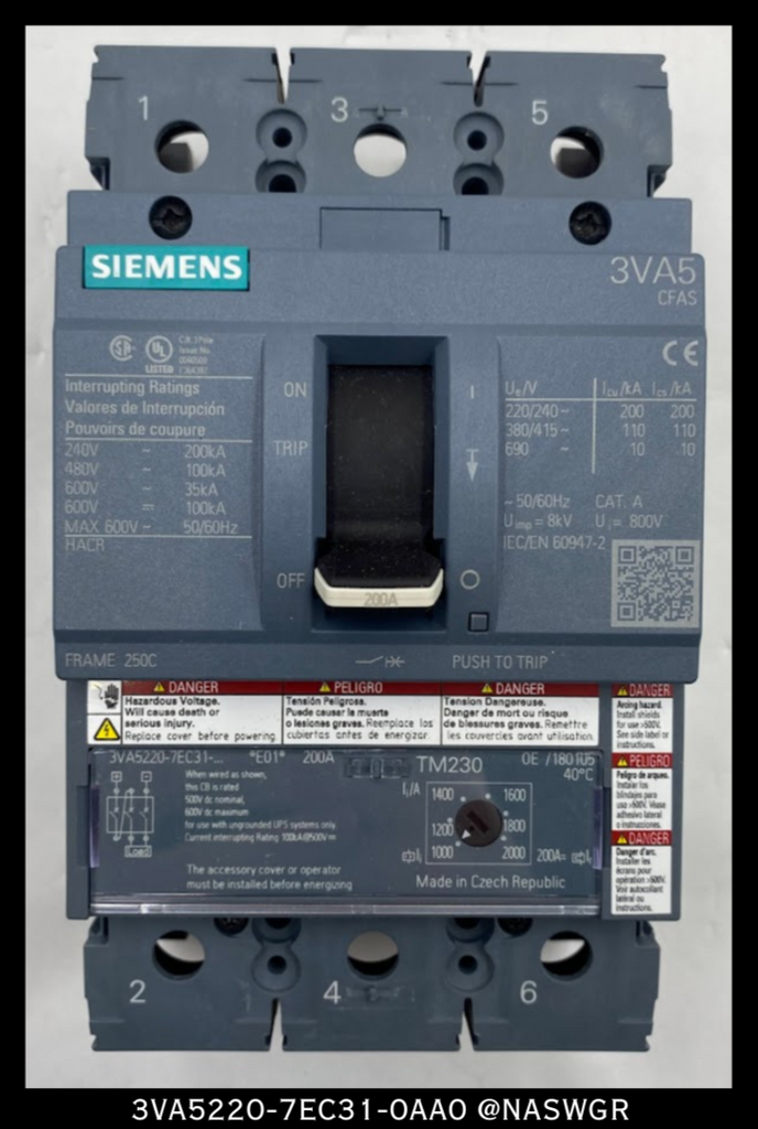 Siemens 3VA5220-7EC31-0AA0 Molded Case Circuit Breaker - 200A - Unused