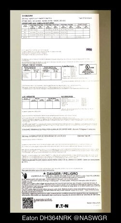 Eaton DH364NRK Heavy Duty Safety Switch - 200A/600V/3P4W/N3R - Unused