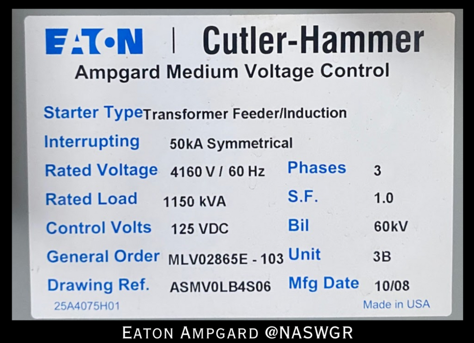 Eaton / Cutler Hammer Ampgard Medium Voltage Control Cell Section- 1150kVA/4160V