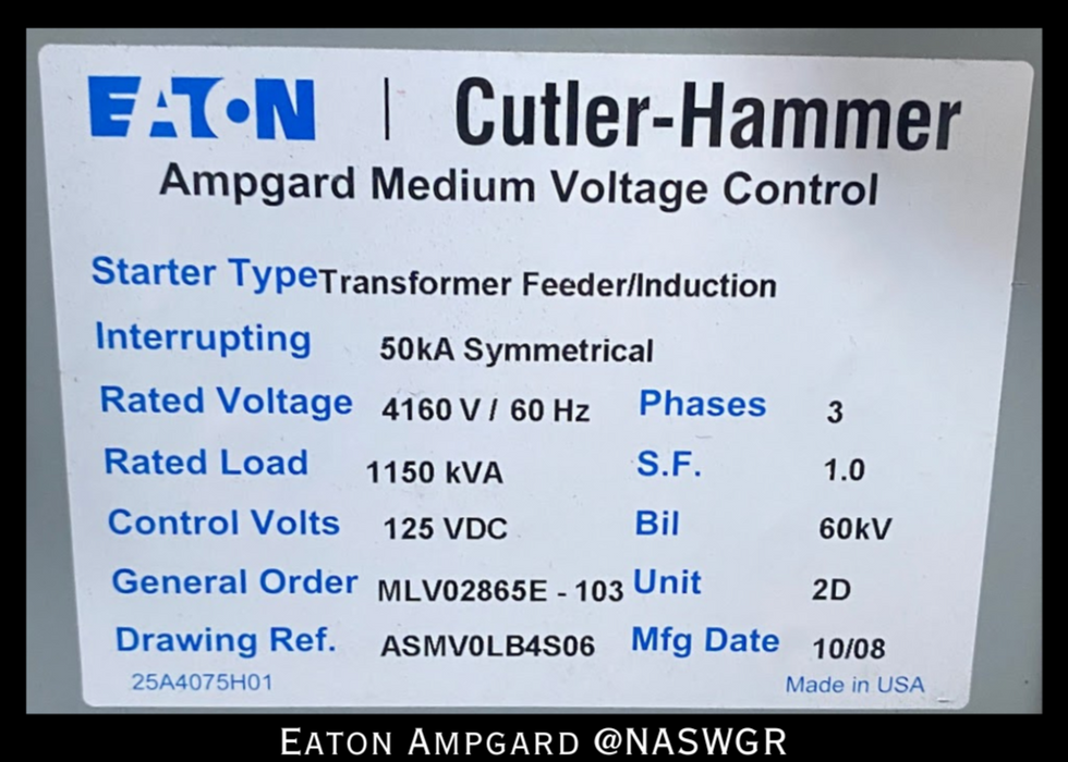 Eaton / Cutler Hammer Ampgard Medium Voltage Control Cell Section- 1150kVA/4160V