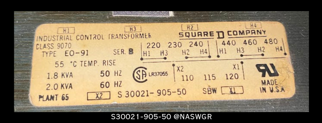Square D Type EO-91 Industrial Control Transformer - 480:120V