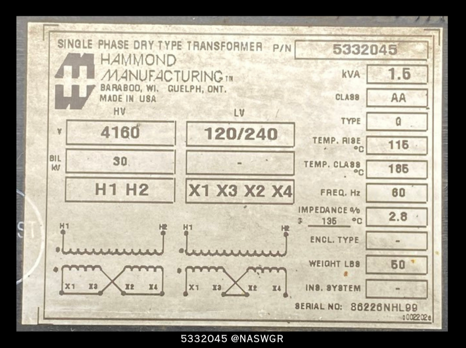 Hammond 5332045 Single Phase CPT Transformer - 1.5KVA, 4160:120/240V