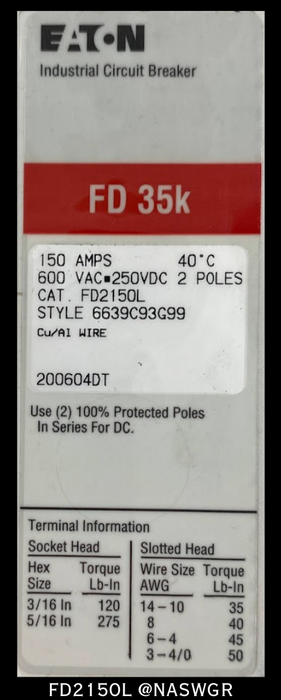 Eaton FD2150L Molded Case Circuit Breaker - 150 Amp - Unused