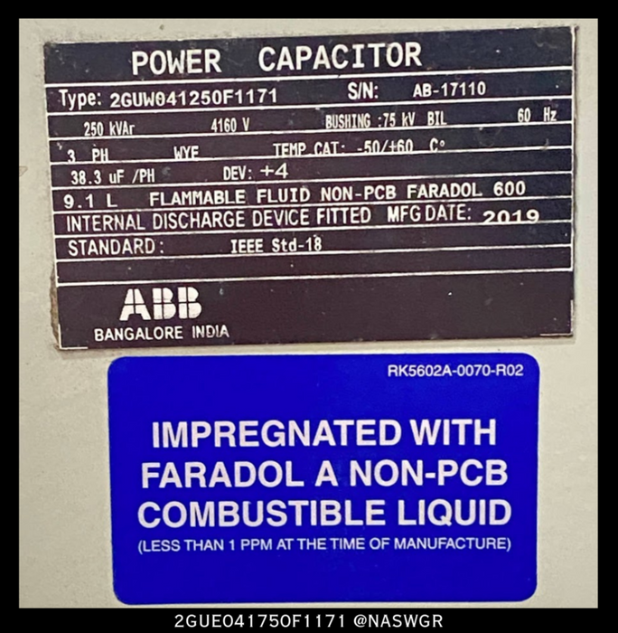 ABB 2GUW041250F1171 3 Phase Power Capacitor - 4160V/250kVAr