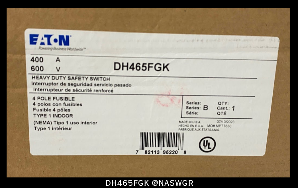 Eaton DH465FGK Heavy Duty Safety Switch - 400A/600V/4P/Type 1 - Unused