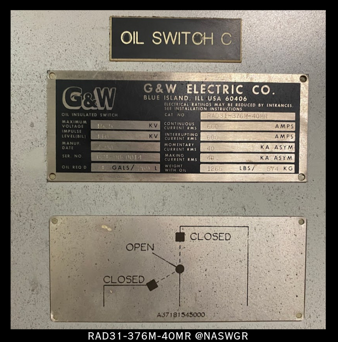 G&W Electric RAD31-376M-40MR Oil Insulated Switch 600A/15.5KV