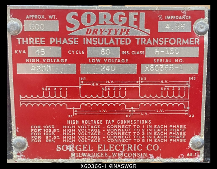 Sorgel Dry Type 3 Phase Insulated Transformer - 4200:240V, 45kVA