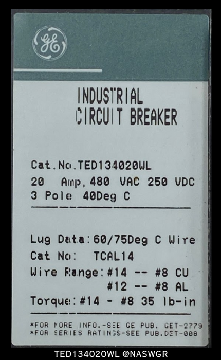 General Electric TED134020WL Molded Case Circuit Breaker - 20 Amp