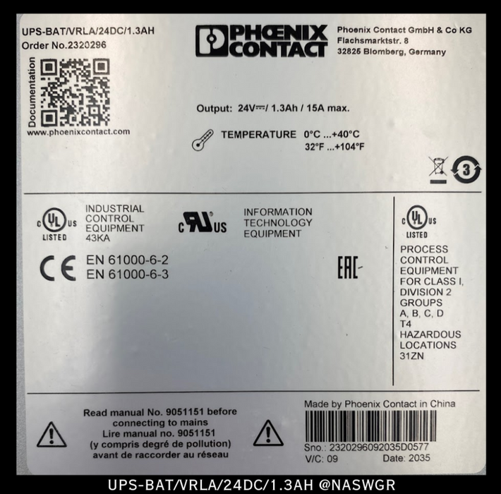 Phoenix Contact UPS-BAT/VRLA/24DC/1.3AH Battery Module - 24vDC - Unused