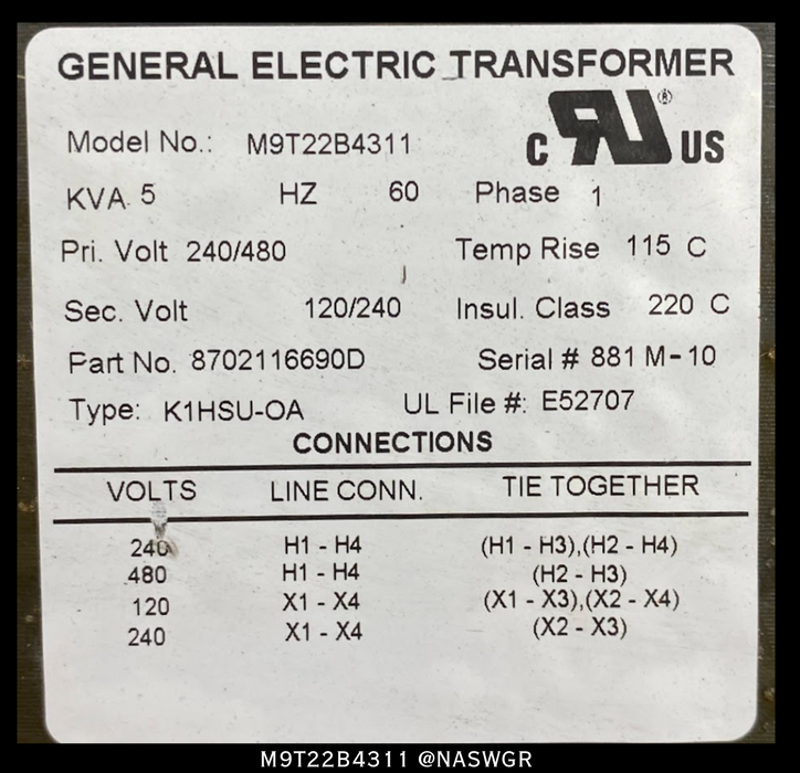 General Electric M9T22B4311 / 8702116690D Control Power Transformer - 240/480V