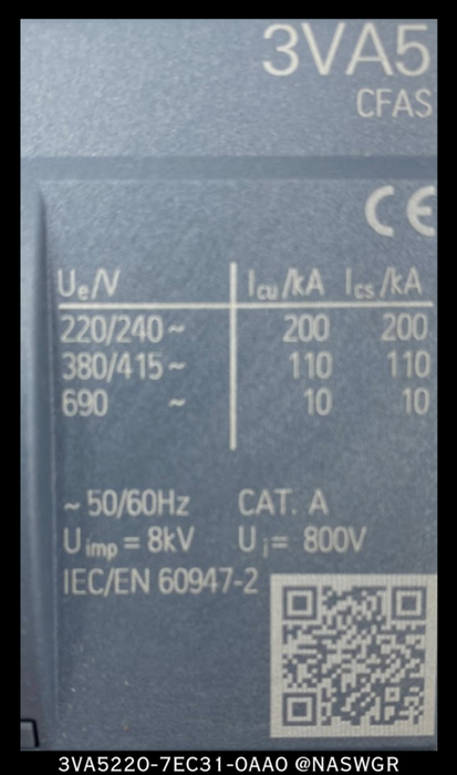 Siemens 3VA5220-7EC31-0AA0 Molded Case Circuit Breaker - 200A - Unused
