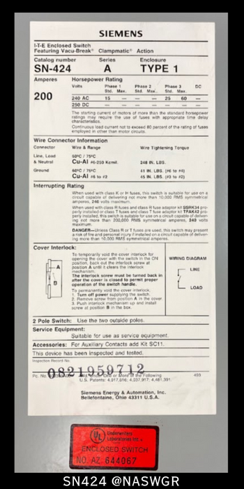 Siemens SN424 Enclosed Type 1 Switch ~ 200 Amp