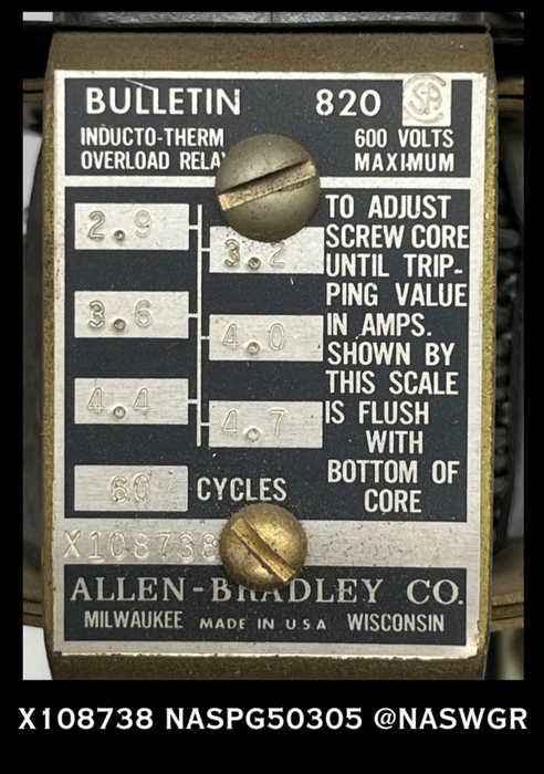 Allen Bradley X108738 Inducto-Therm Overload Relay - 2.9-4.7 Amp