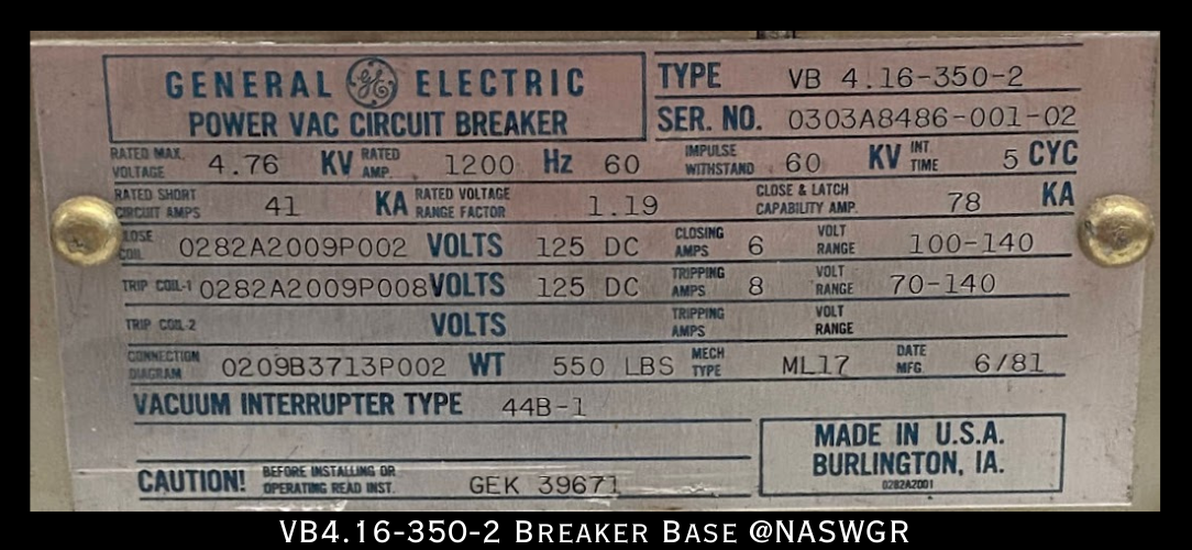 General Electric VB PowerVac Breaker VB4.16-350-2 Truck & Breaker Side Secondary