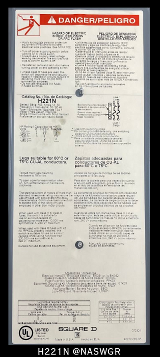 Square D H221N Safety Switch ~ 30A/2P/3W
