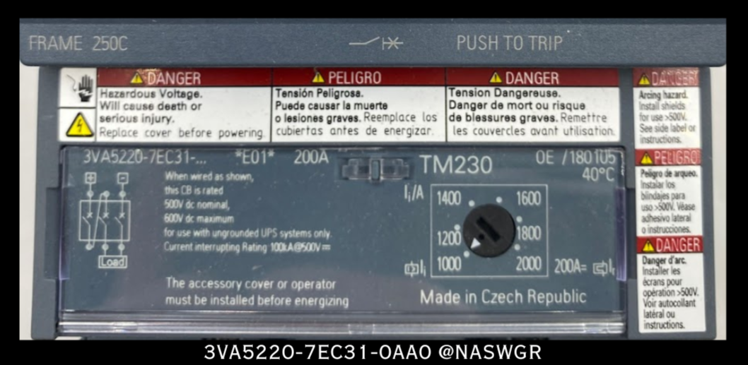 Siemens 3VA5220-7EC31-0AA0 Molded Case Circuit Breaker - 200A - Unused
