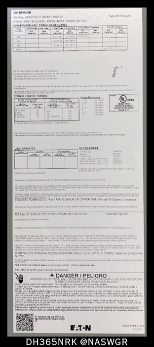 Eaton DH365NRK Heavy Duty Safety Switch - 400A/600V/3P4W/N3R - Unused