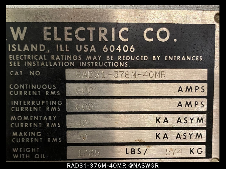 G&W Electric RAD31-376M-40MR Oil Insulated Switch 600A/15.5KV