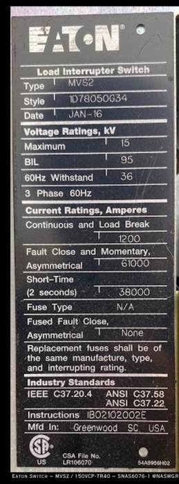 Eaton MVS2/150VCP-TR40 Load Interrupter Switchgear - 1200 Amp / 15kV