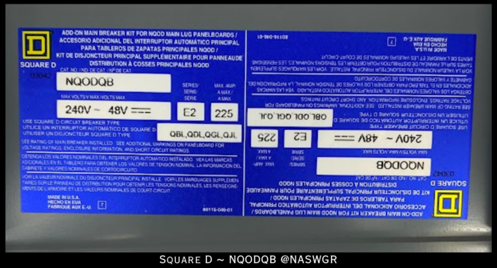 Square D NQODQB Main Circuit Breaker Adapter Kit - 225A/240v - Unused