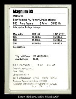 Eaton Magnum DS MDS6083W Breaker (M/O,D/O) - 400 Amp - Unused