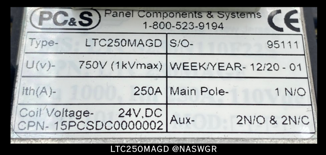PC&S LTC250MAGD Contactor - 250A/750V