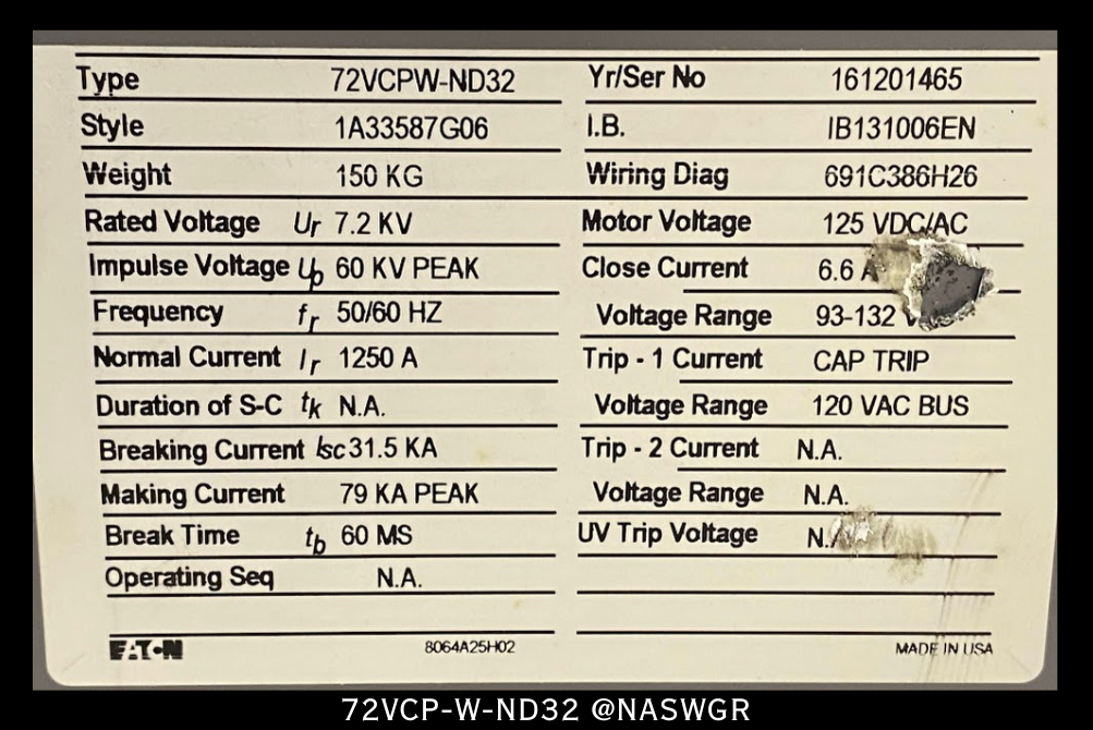 Eaton 72VCPW-ND32 Vacuum Circuit Breaker (E/O,D/O) - 7.2kV/ 1250A