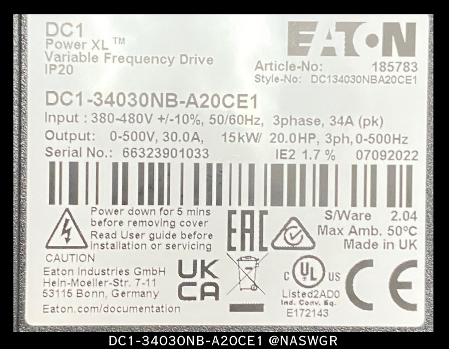 Eaton DC1-34030NB-A20CE1 - DC1 Power XL Variable Frequency Drive ~ Surplus
