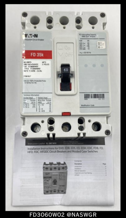 Eaton FD3060W02 Molded Case Circuit Breaker - 60 Amps - Unused
