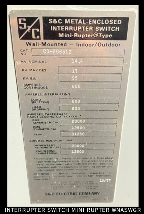 S&C CD-206512 INTERRUPTER SWITCH MINI RUPTER - 600A