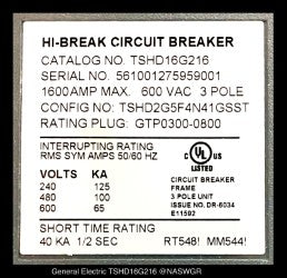 GE PowerBreak II TSHD16G216 Breaker (E/O,D/O) - 800 Amp