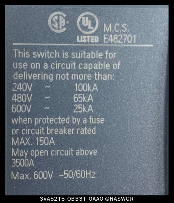 Siemens 3VA5215-0BB31-0AA0 Molded Case Circuit Breaker - 150A - Unused