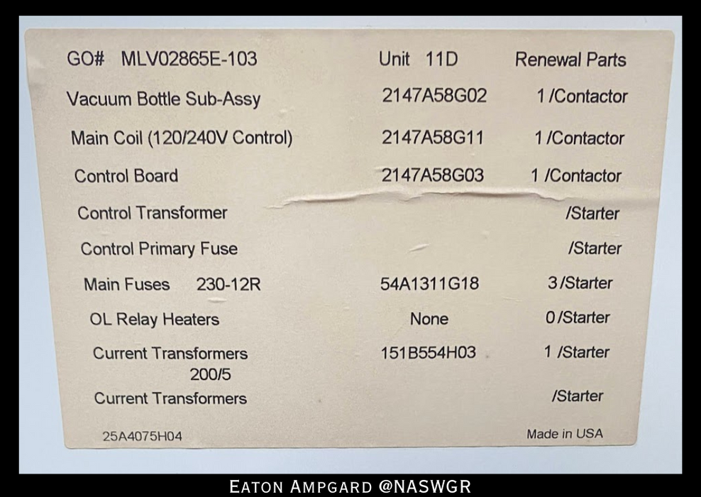 Eaton / Cutler Hammer Ampgard Medium Voltage Control Cell Section- 1250HP/4160V