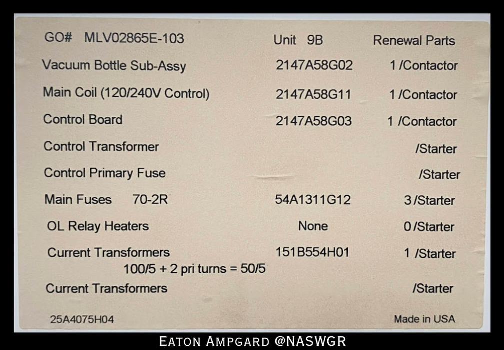 Eaton / Cutler Hammer Ampgard Medium Voltage Control Cell Section- 250HP/4160V