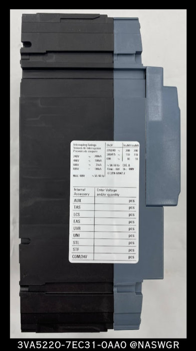 Siemens 3VA5220-7EC31-0AA0 Molded Case Circuit Breaker - 200A - Unused