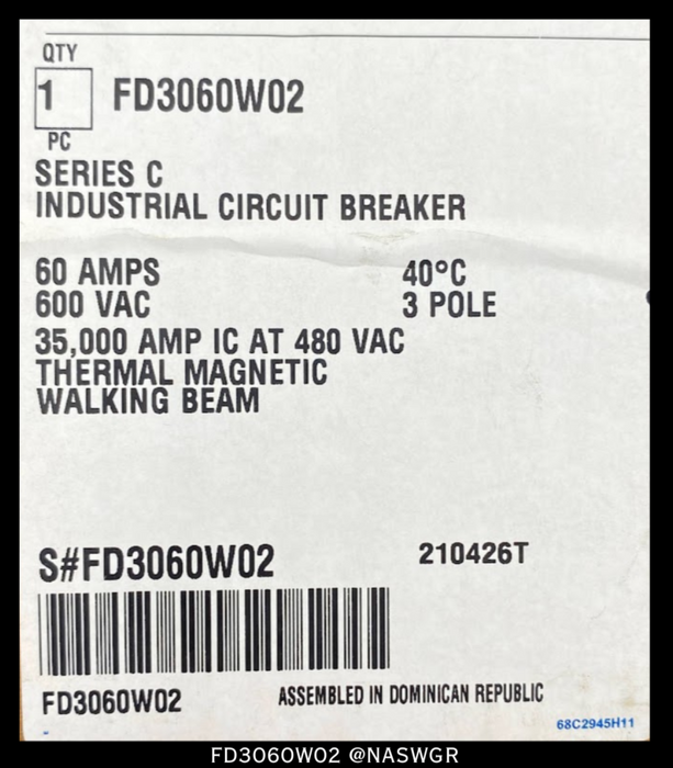 Eaton FD3060W02 Molded Case Circuit Breaker - 60 Amps - Unused