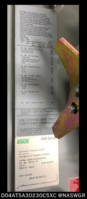 ASCO 4000 Series D04ATSA30230C5XC Automatic Power Transfer Switch - 230 Amps