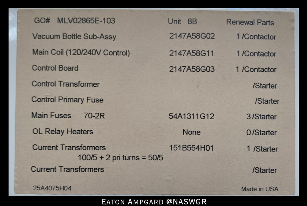 Eaton / Cutler Hammer Ampgard Medium Voltage Control Cell Section- 250HP/4160V