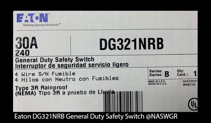 Eaton DG321NRB General Duty Safety Switch - 30A/240V/3P/N3R - Unused